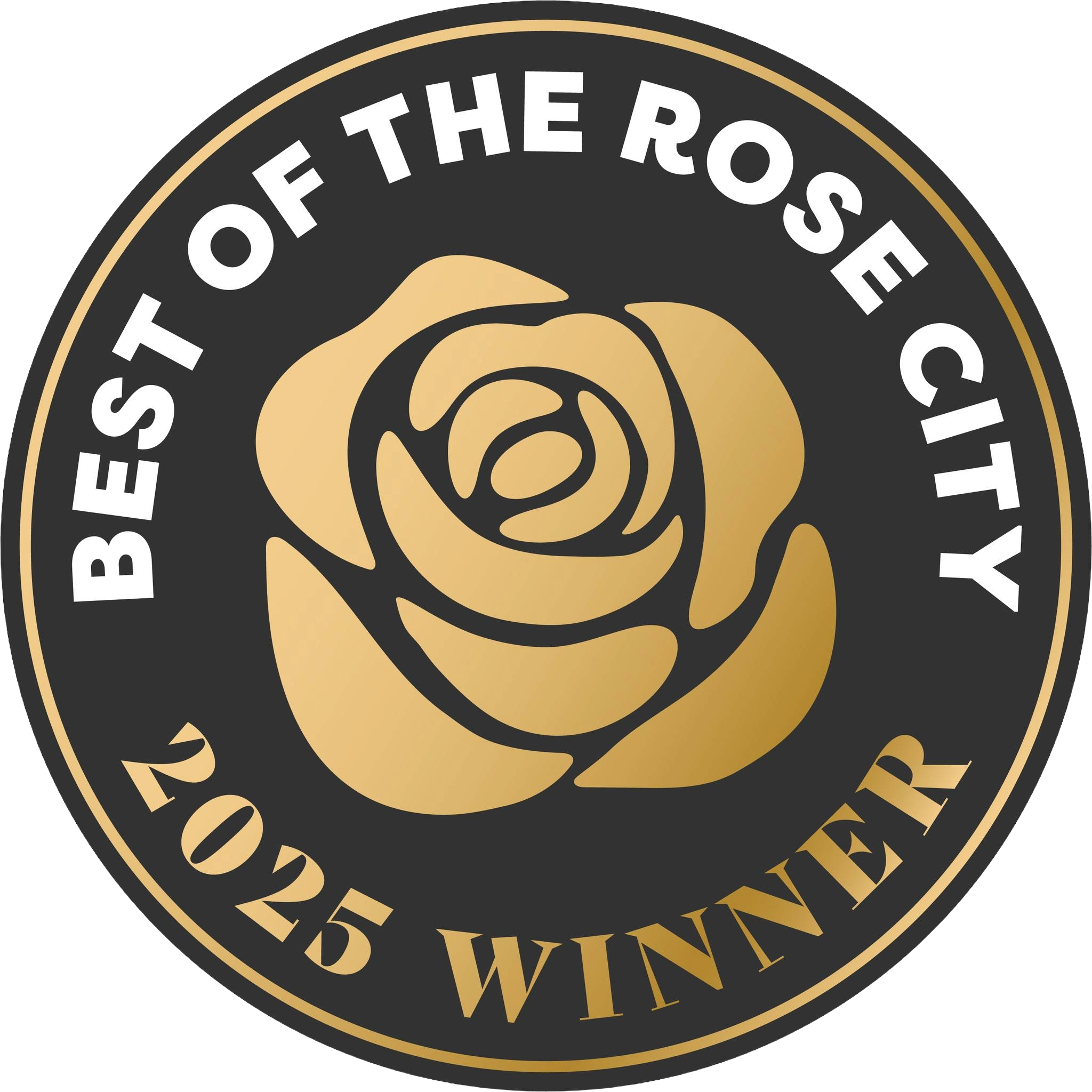 Logo with a gold rose and text 'Best of the Rose City 2025 Winner' on a black background