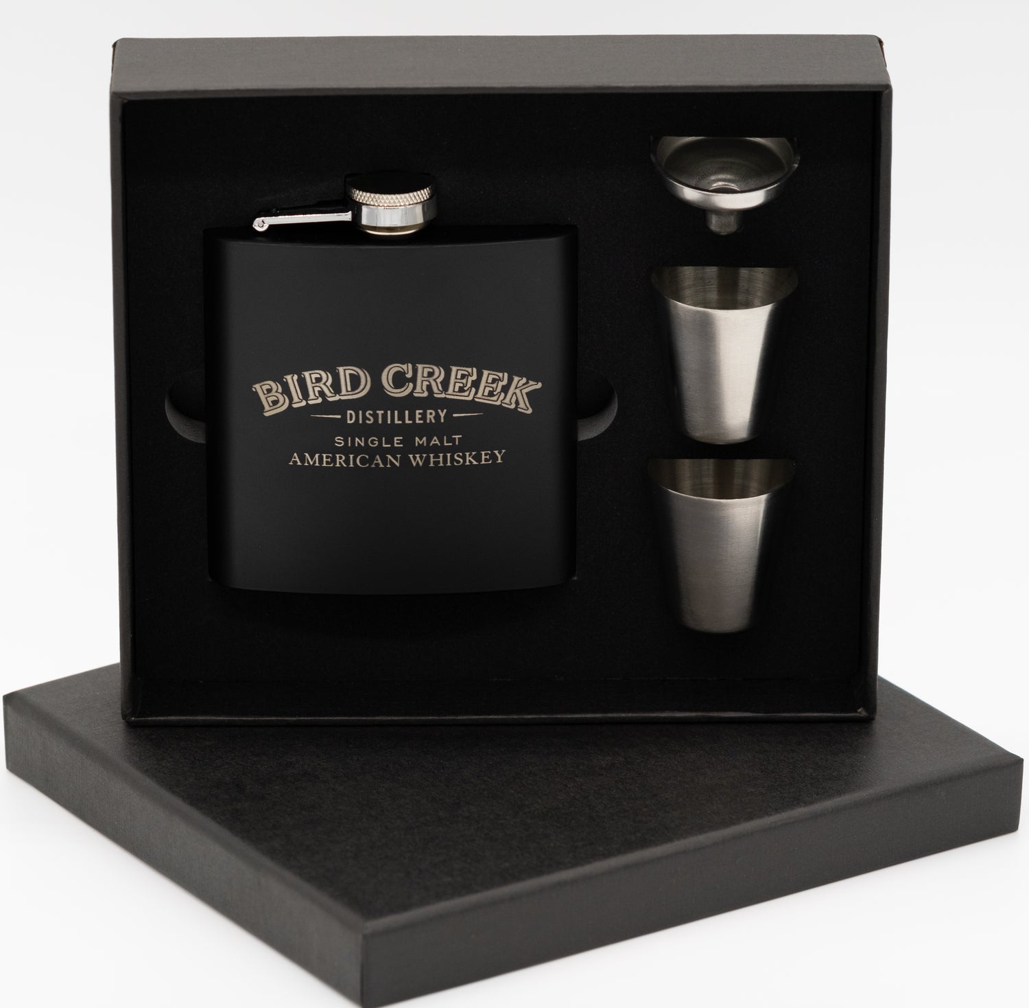 BCW - Metallic Black Engraved Flask Gift Set with two shot glasses and funnel.